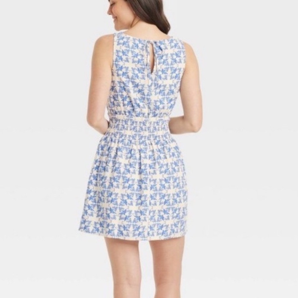 Universal Thread Bird Ikat Print Mini Sundress Ivory Blue Medium - Picture 12 of 13